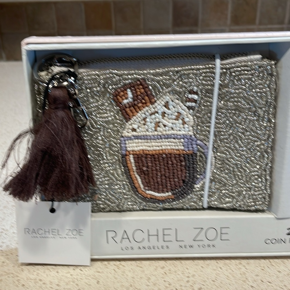 Rachel Zoe Silver Beaded Coin Purse with Brown Tassel & Tan Beaded Cookie Charm - Picture 2 of 6